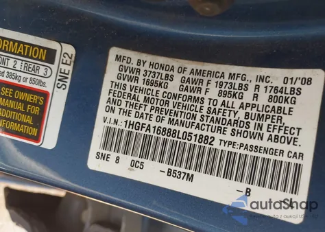 2008 Honda Civic Ex из США, поврежденный, VIN 1HGFA16888L051882